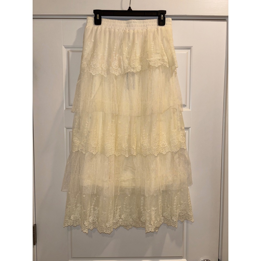 Ultra Pink Cream Ivory Lace Tiered Mesh Maxi Skirt NWT Medium Bohemian Romantic